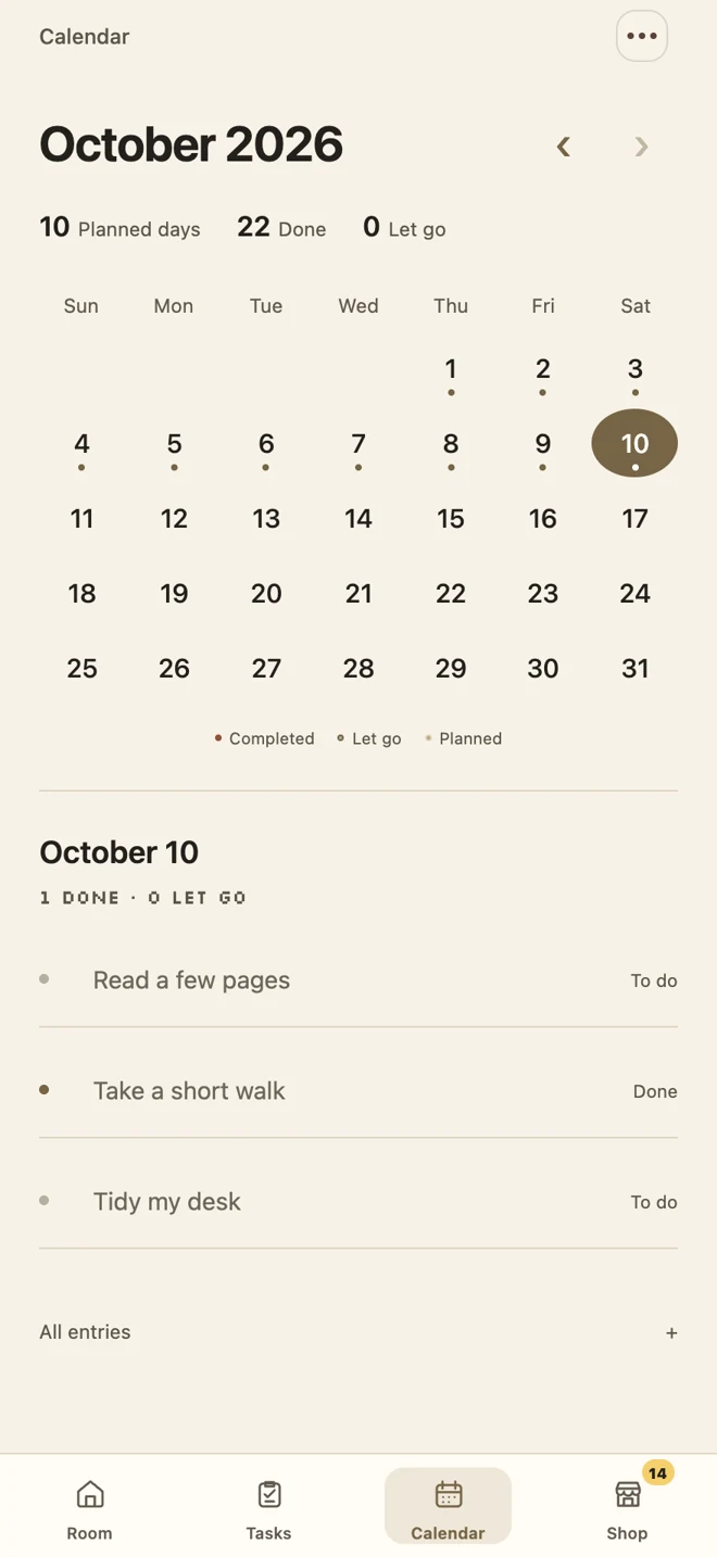Actual Yahamiao calendar showing dates and three sample tasks for one day