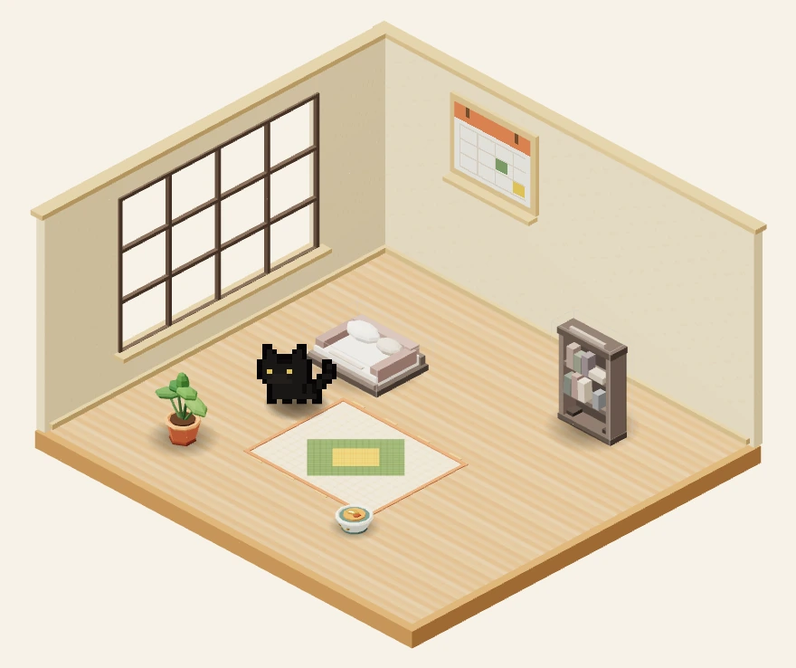 Actual Yahamiao room: the pixel cat Jinbao in a sunlit room with a bed, bookshelf, bowl, and plant